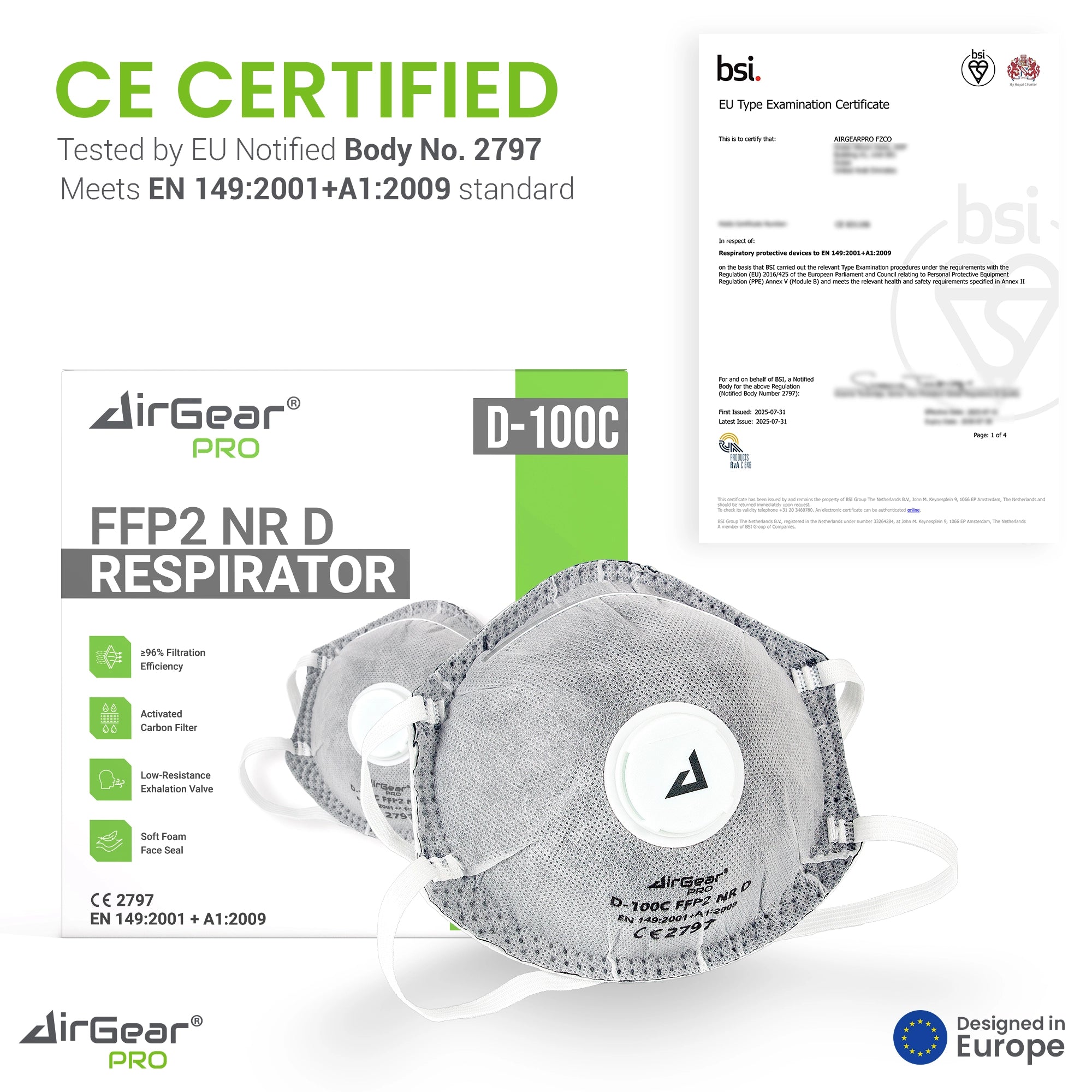 AirGearPro D100C FFP2 Disposable Respirator Mask - CE 2797 Certified, Cool-Flow Valve, Activated Carbon