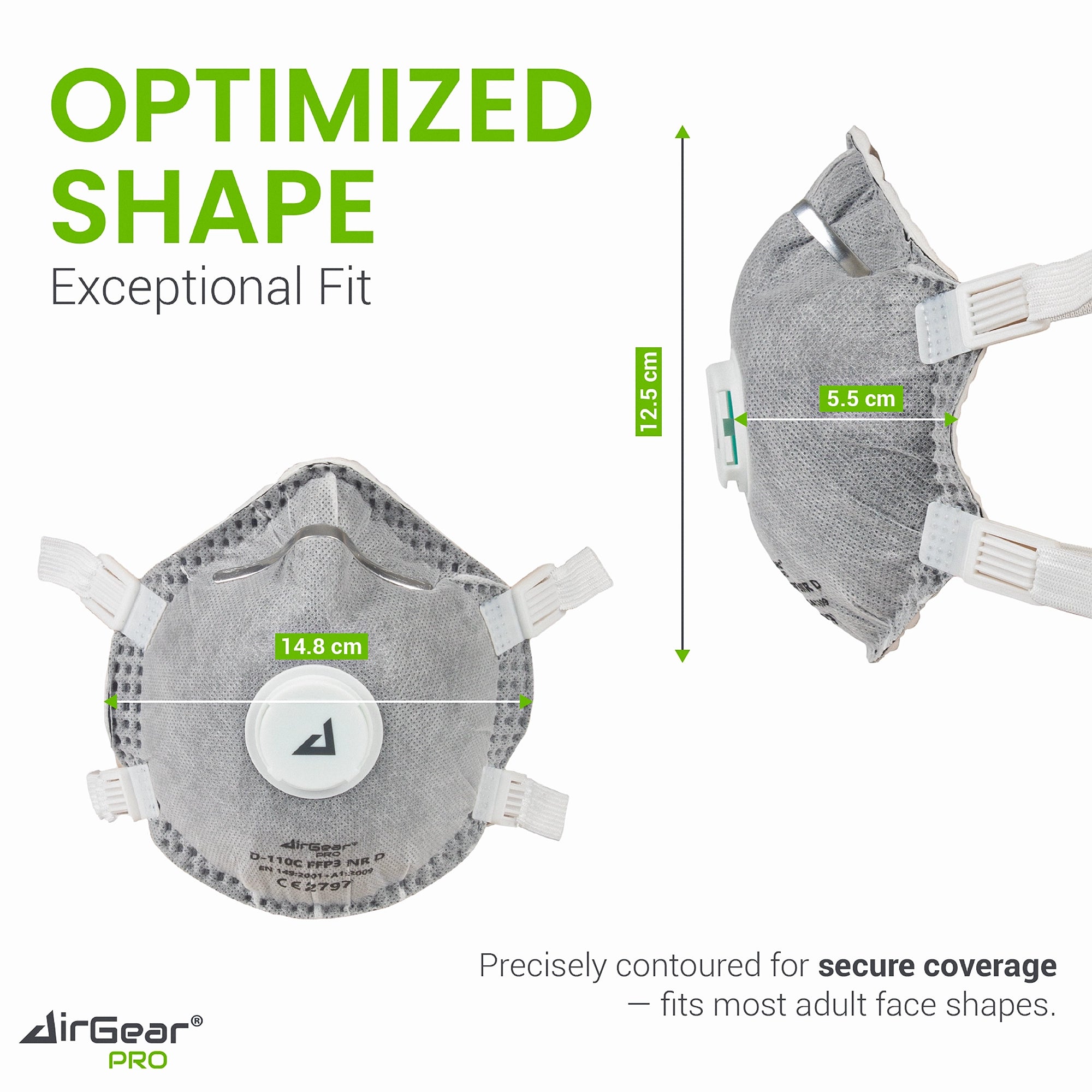 AirGearPro D110C FFP3 Disposable Respirator Mask - CE 2797 Certified, Exhalation Valve, Activated Carbon