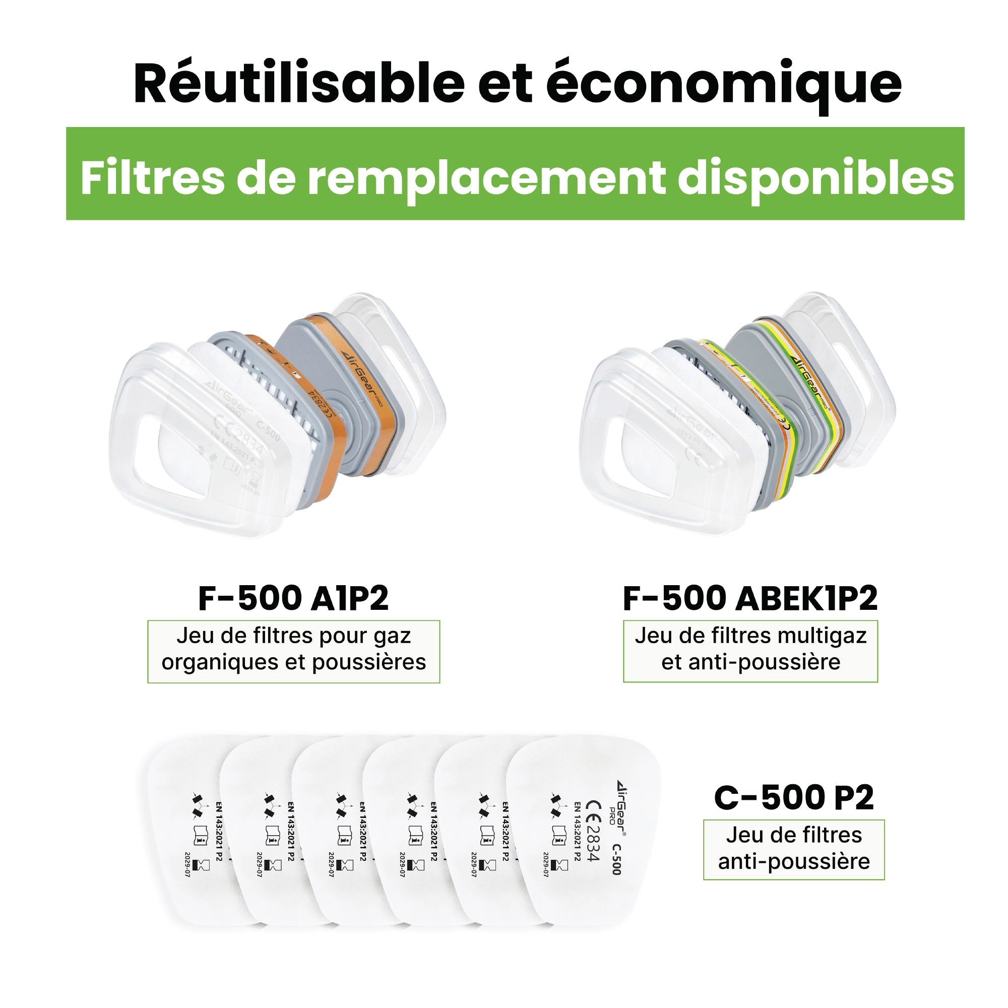 Masque à Gaz Réutilisable G-500 avec Filtres A1P2 et Lunettes de Protection