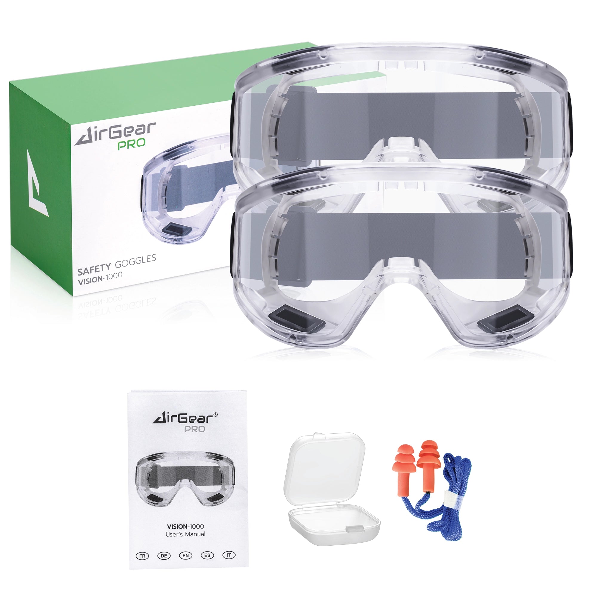 Vision-1000 Anti-Fog Safety Goggles - 2-Pack with Earplugs