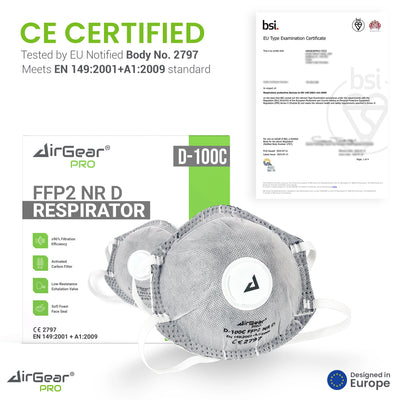 AirGearPro D100C FFP2 Disposable Respirator Mask - CE 2797 Certified, Cool-Flow Valve, Activated Carbon