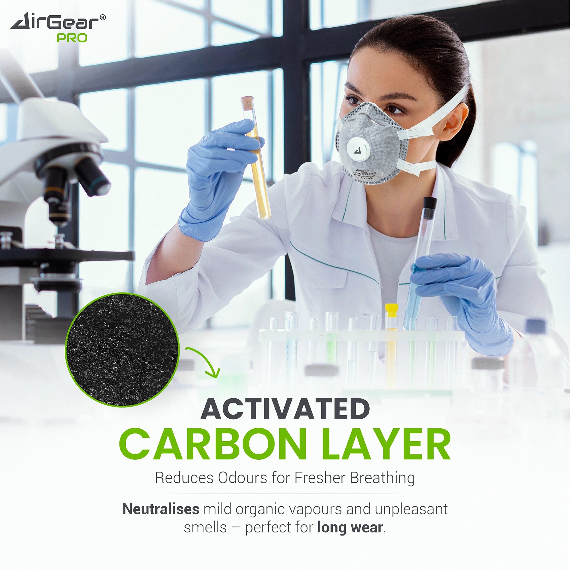 AirGearPro D110C FFP3 Disposable Respirator Mask - CE 2797 Certified, Exhalation Valve, Activated Carbon