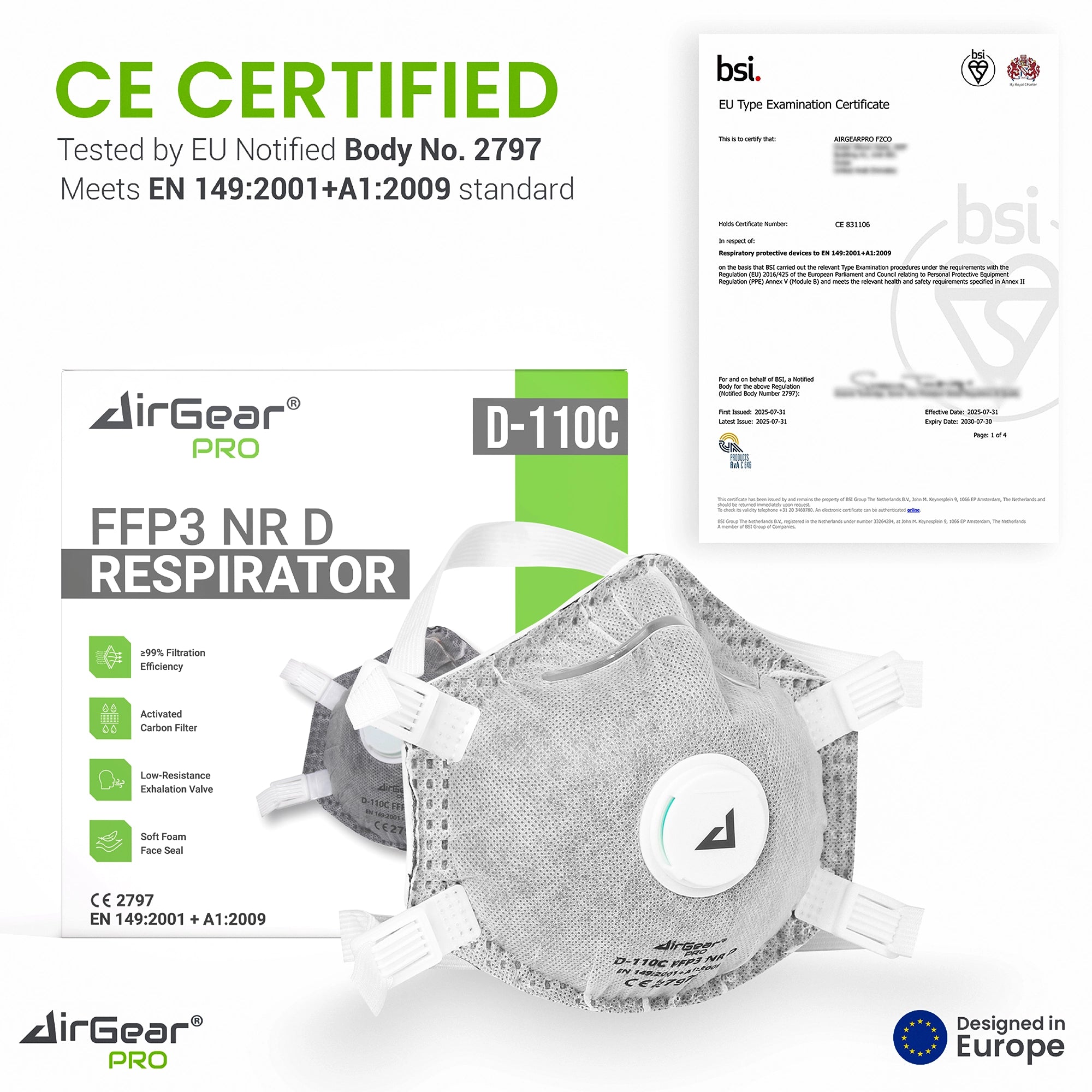 AirGearPro D110C FFP3 Disposable Respirator Mask - CE 2797 Certified, Exhalation Valve, Activated Carbon