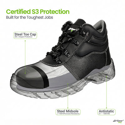 AirGearPro Defender S3 SR Safety Shoes - Steel Toe, Anti-Puncture, Slip-Resistant, Waterproof Leather