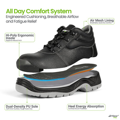 AirGearPro Defender S3 SR Safety Shoes - Steel Toe, Anti-Puncture, Slip-Resistant, Waterproof Leather