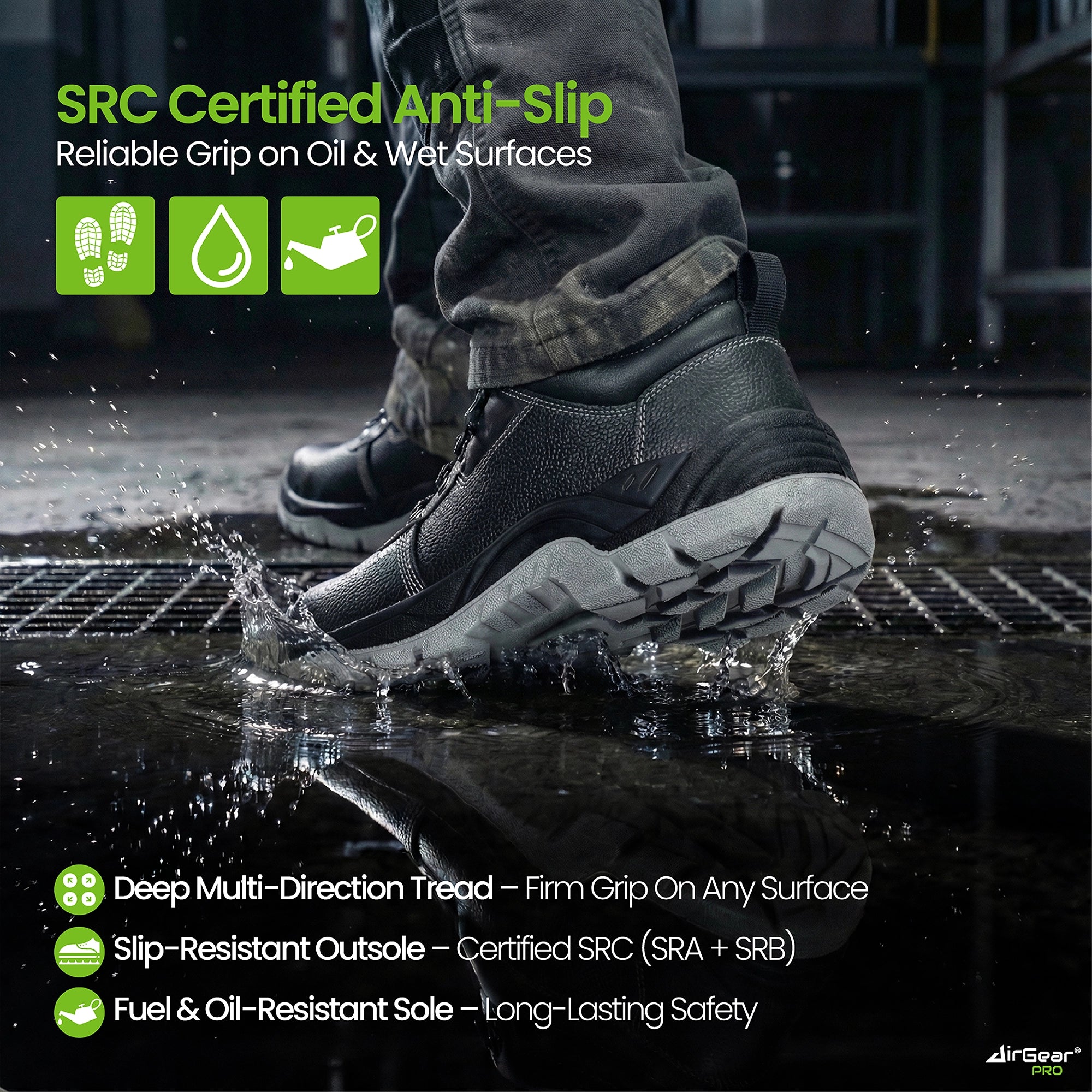 AirGearPro Defender S3 SR Safety Shoes - Steel Toe, Anti-Puncture, Slip-Resistant, Waterproof Leather