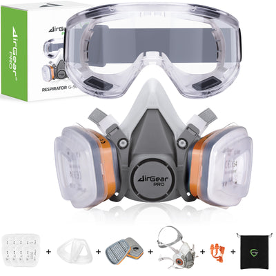 AirGearPro G-500 reusable respirator mask with A1P2 filters and safety goggles