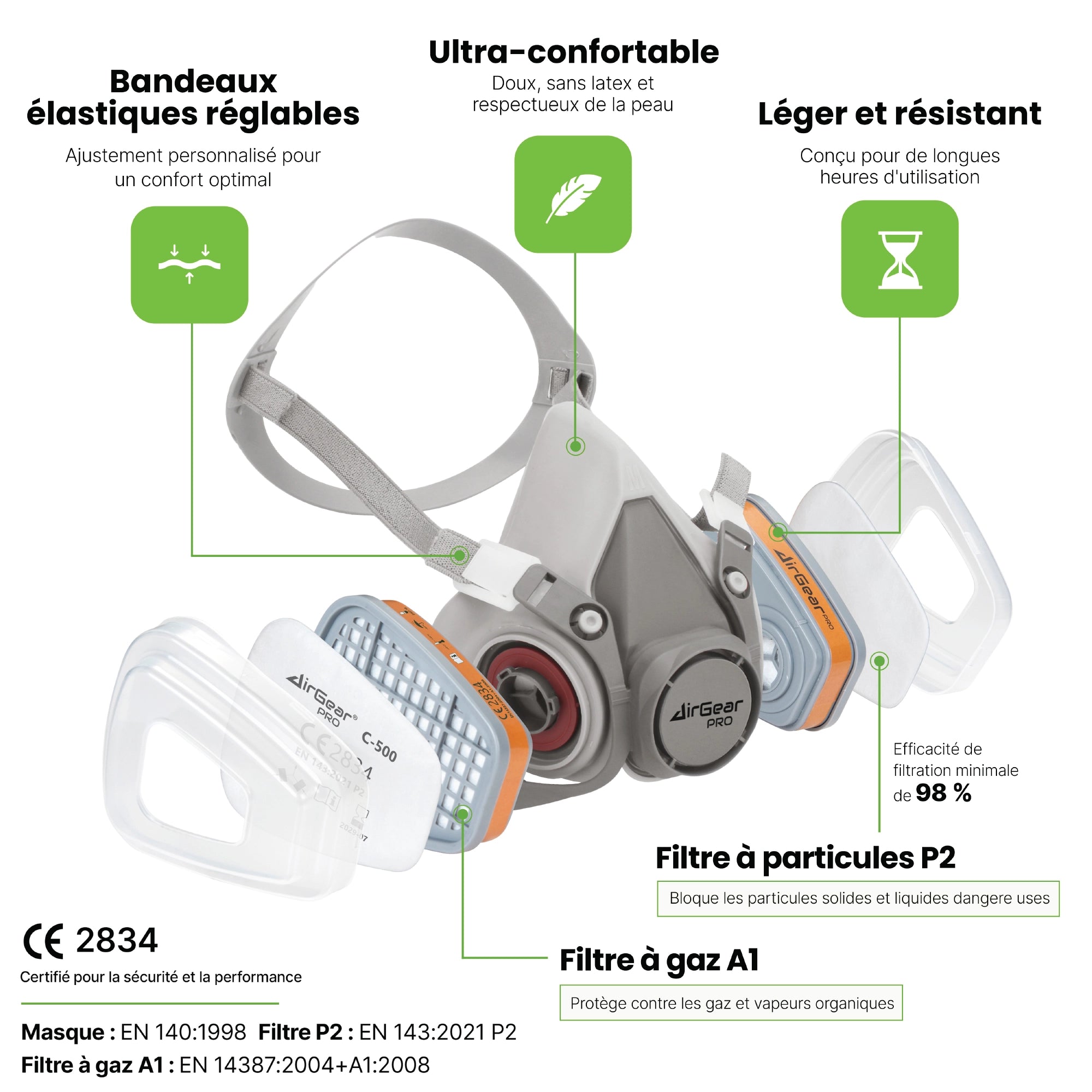Masque à Gaz Réutilisable G-500 avec Filtres A1P2 et Lunettes de Protection