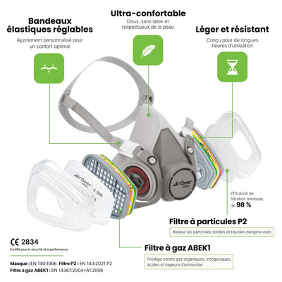 Masque M-500 ABEK1-P2 pour Produits Chimiques avec Filtres Multi-Gaz