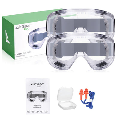 Vision-1000 Anti-Fog Safety Goggles - 2-Pack with Earplugs